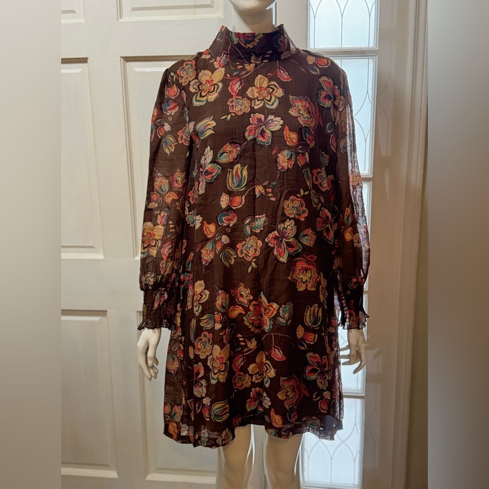 Buru Boohoo Brown Floral Print Knee-Length Long Sleeve Dress Size XL L31